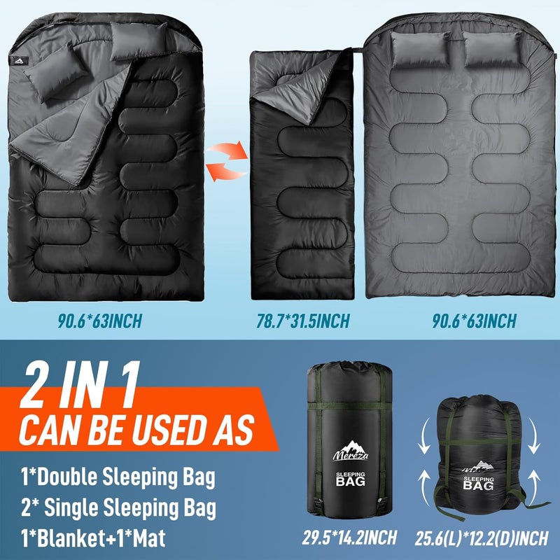 Mereza Double Sleeping Bag for Adults Mens with Pillow, XL Queen Size Two Person Sleeping Bag for All Season Camping Hiking Backpacking 2 Person Sleeping Bags for Cold Weather & Warm - Image 5